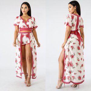 Rose Print Shorts Romper Set